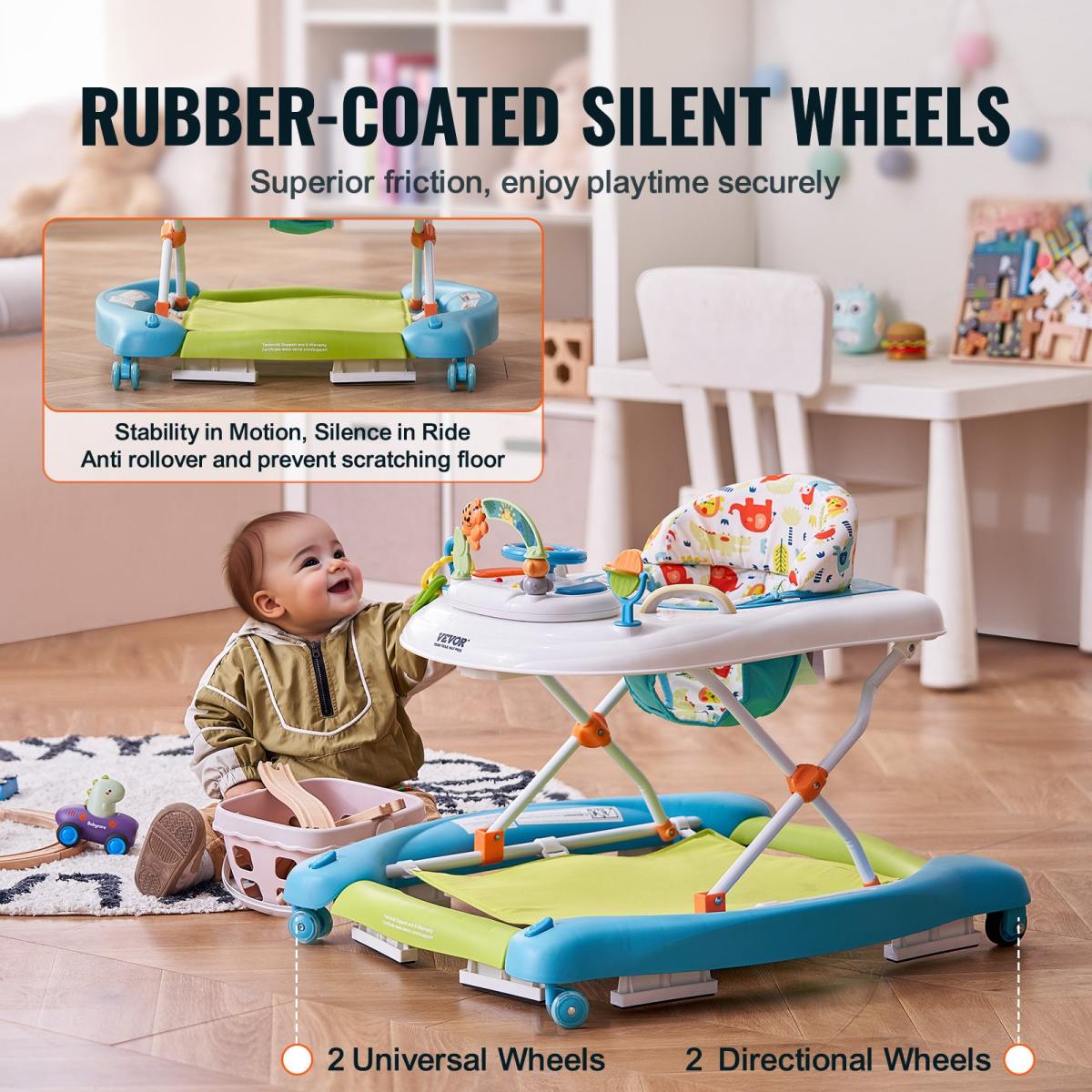 4-in-1 Baby Walker, Foldable Baby Activity Center On Wheels, 3 Adjustable Height, Music  Toys Tray, Learning-Seated Walk-Behind  Rocker Bouncer Toddler Walker For Girls Boys 6-24 Months