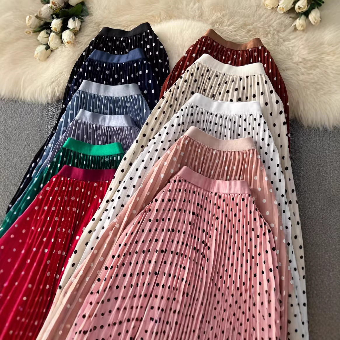 Korean-style Mid-length Polka-dot Pleated Skirt Elegant Midi Skirt