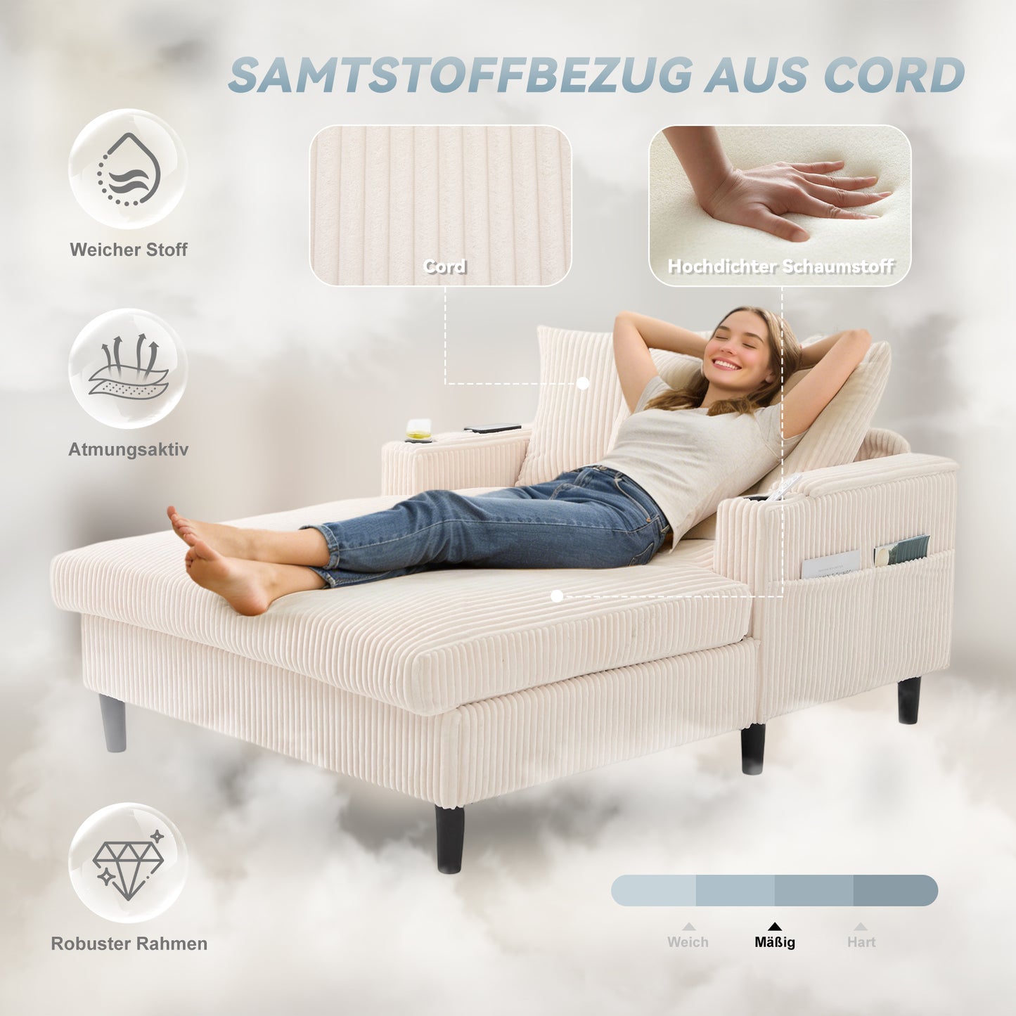 Multifunctional Corduroy Lounge With Chaise Longue With Large Lying Surface, Cup Holders On Both Sides, LED Lighting, Side Pocket, Storage Space, USB Charging Port, Sturdy Plastic Feet  Versatile