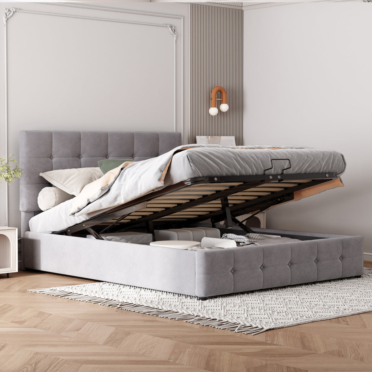 Upholstered Bed 140x200, Double Bed With Hydraulically Liftable Bed Storage Space, Height-adjustable Upholstered Headboard, Metal Slatted Frame, Skin-friendly Velvet Fabric Double Bed Youth Bed