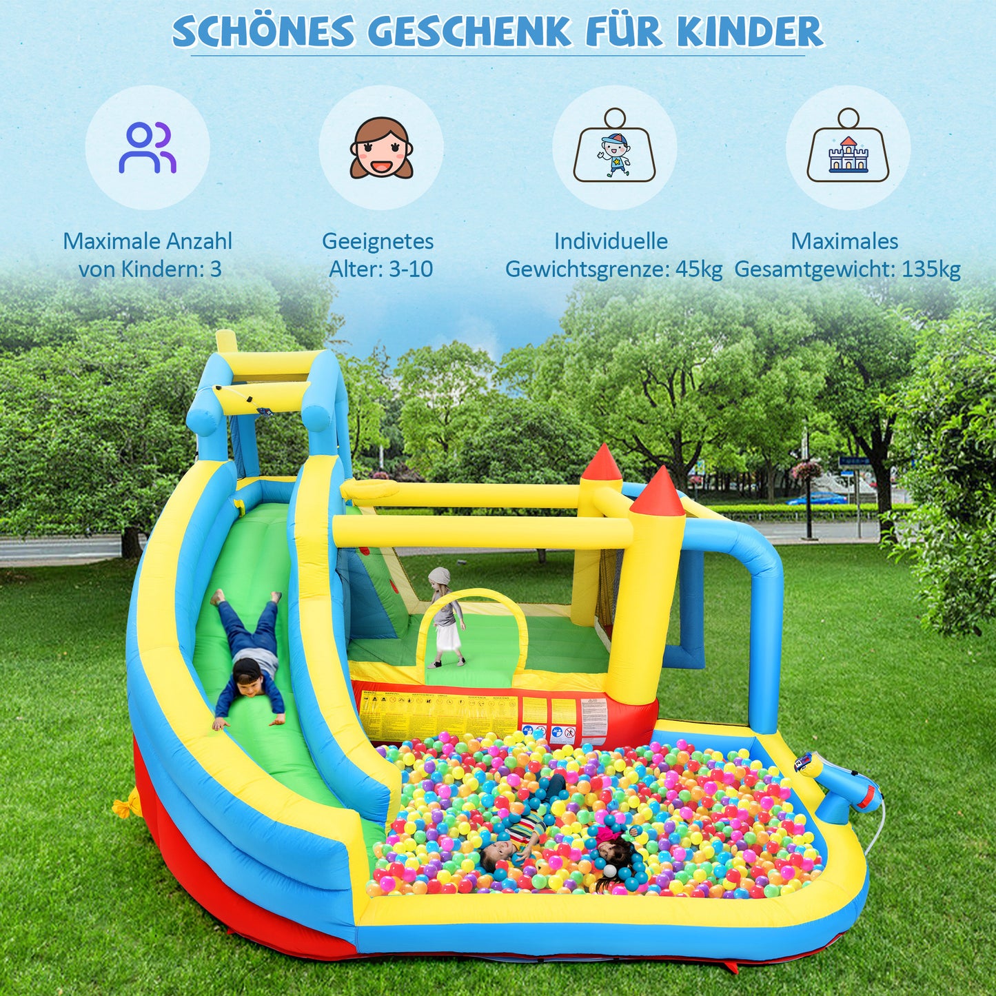 Kids Bouncy Castle, 5 In 1 Inflatable Bouncy Castle For Kids 3-10 Years Old, Outdoor Castle Bouncer With Slide Jumping Area Water Pool Football Net, Inflatable Size 364x315x239cm