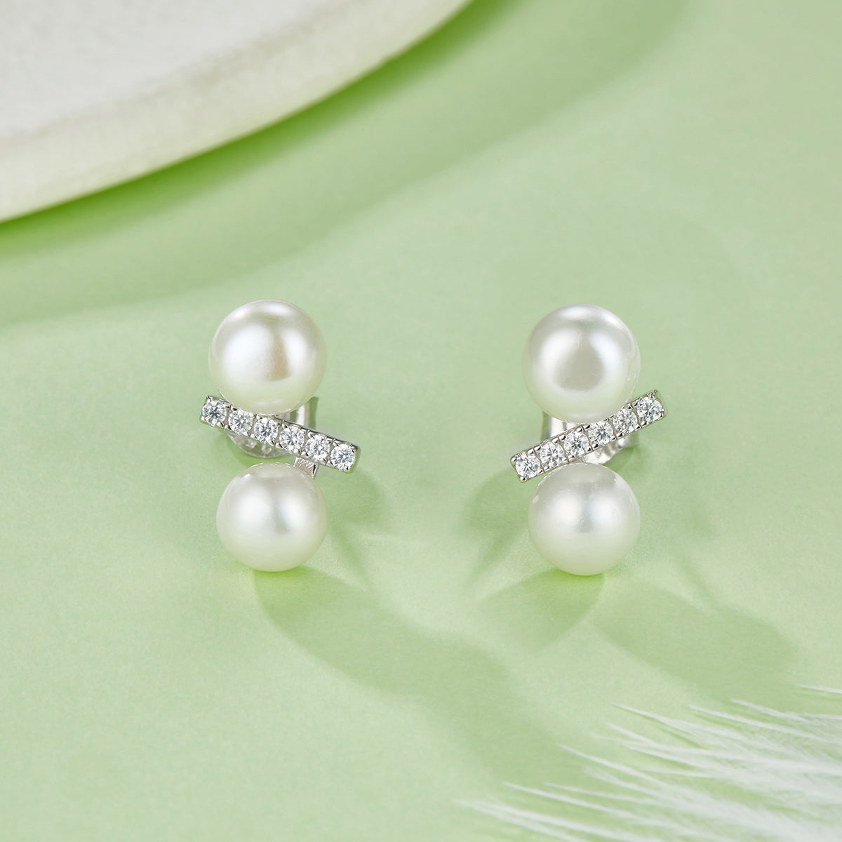 S925 Sterling Silver Natural Freshwater Pearl Stud Earrings For Women, Geometric Bar Design, 1g Lightweight, Platinum Gold Plated, Gift Box