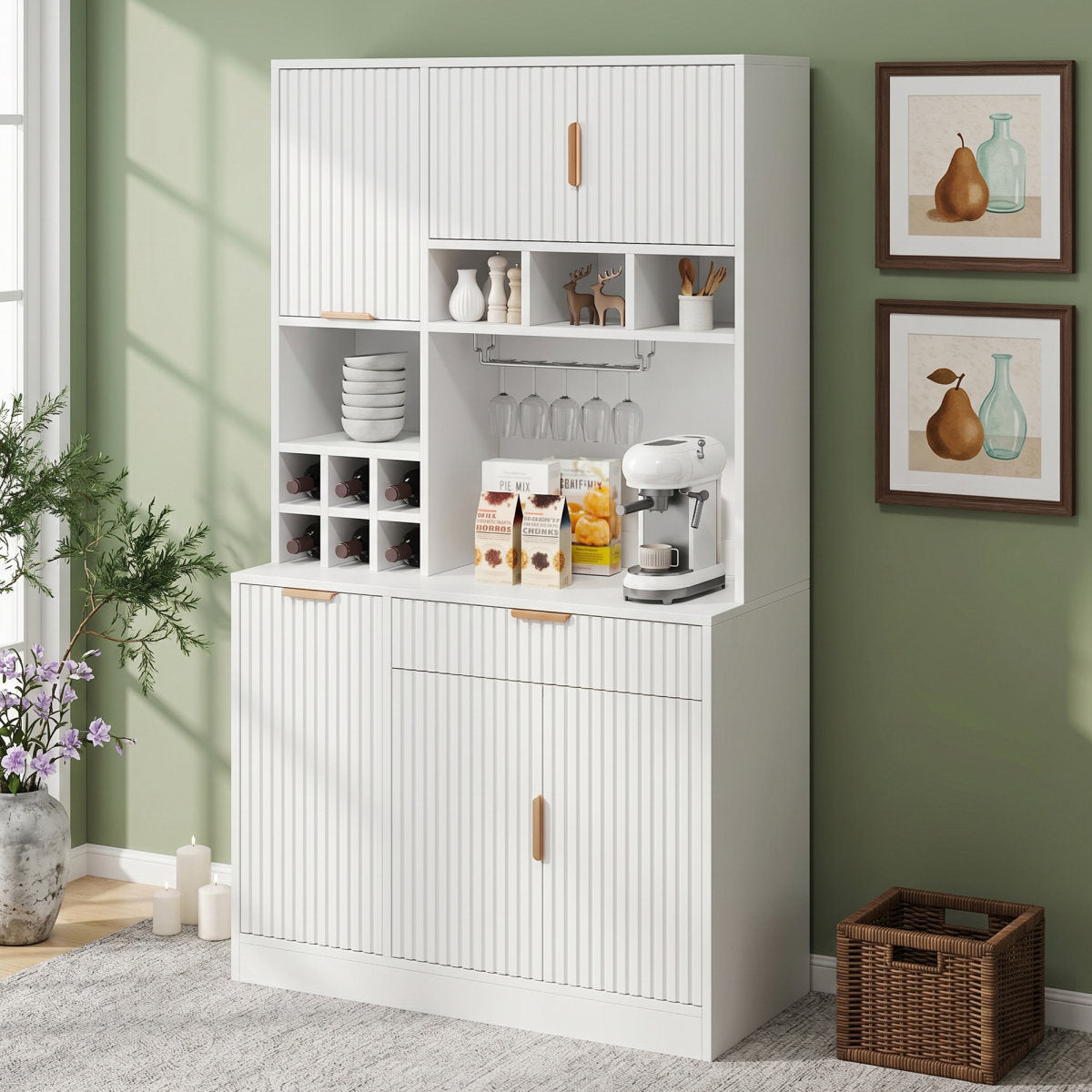 Sideboard, Dining Room Tall Cabinet 100x40x175 Cm, Multi-tiered Storage Space, Integrated Power Outlet And USB-C And USB-A Ports, Including Wine Glass Rack And Bottle Storage, White