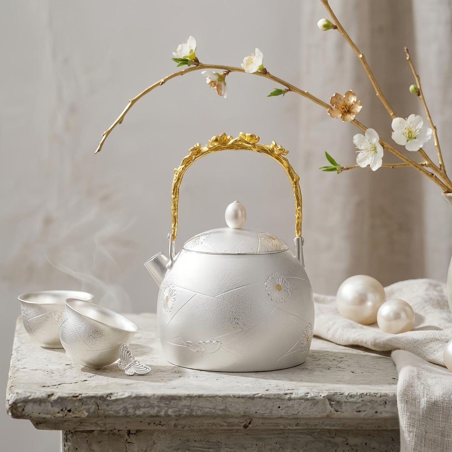 925 Sterling Silver Handcrafted Silver Tea Kettle with Ornate Floral Handle and Pearl Finial - Handicraft