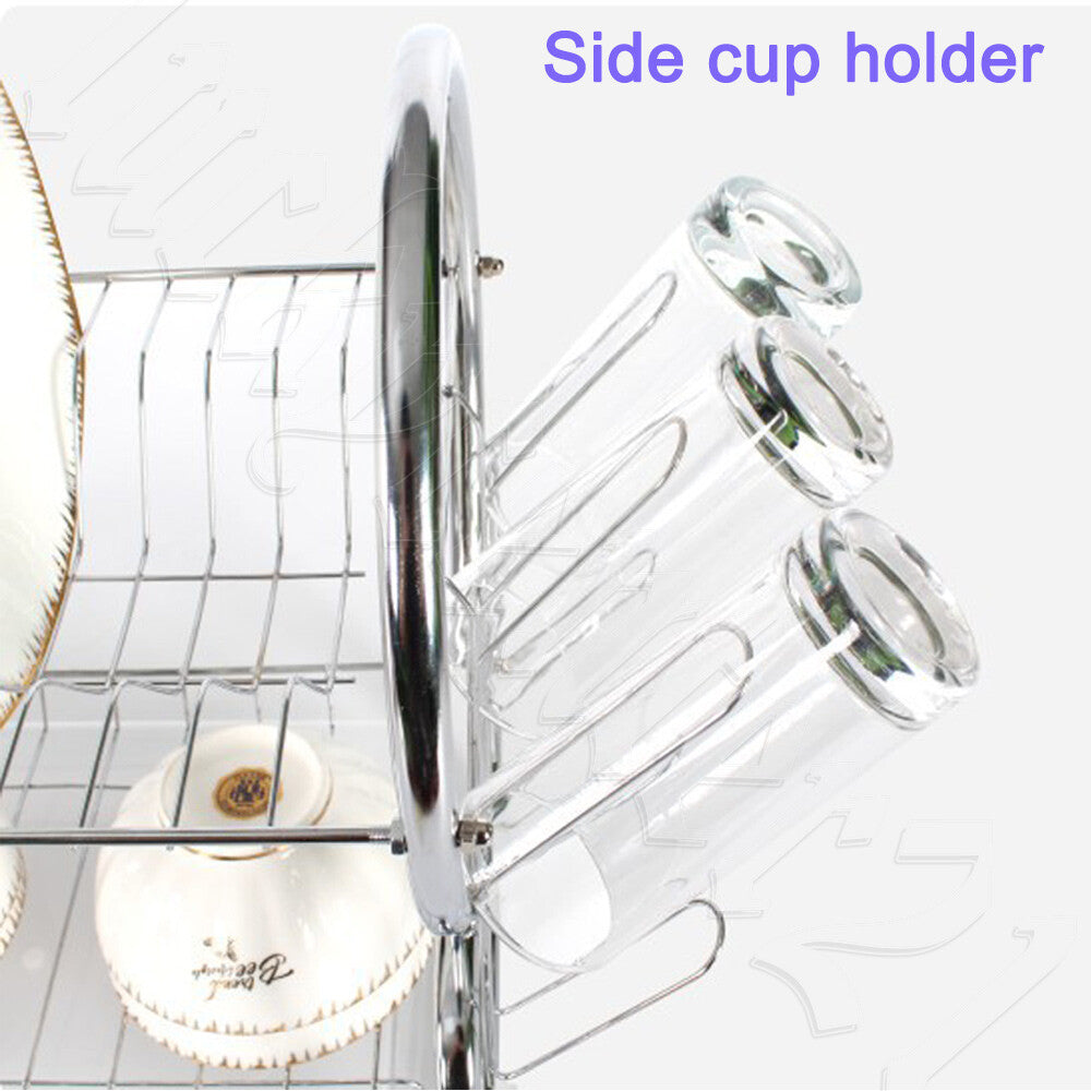 2 Tier Dish Drying Rack Drainer Cup Plate Holder Cutlery Tray Kitchen Organizer