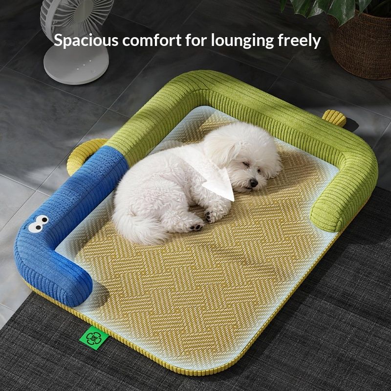 Pet Cooling Mat Rattan Weave Mat Non-Slip Cushion Color-Block Neck Support Mattress