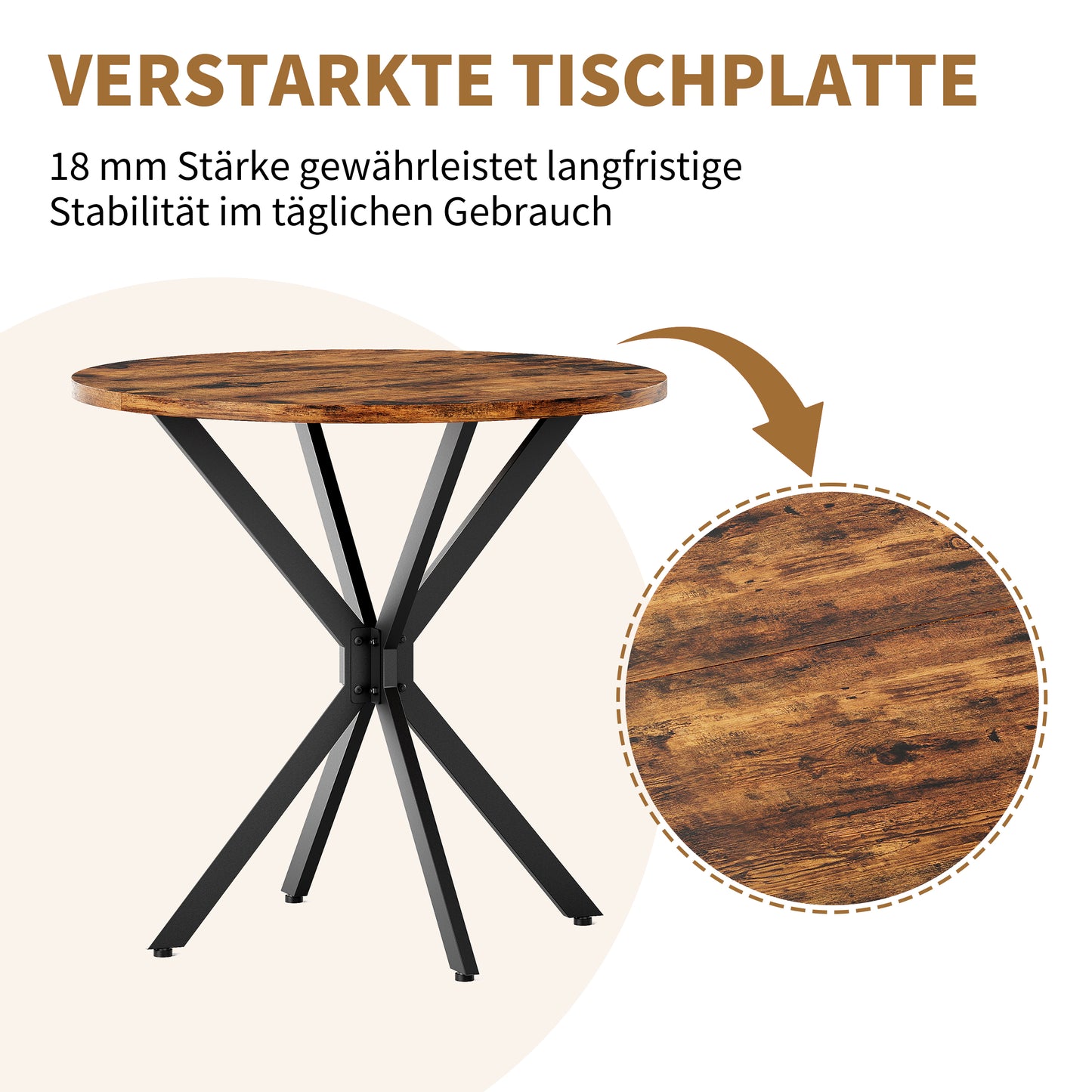 Round Dining Table Industrial Style  80 Cm With X-Feet Vintage Brown Black Kitchen Table Home Office