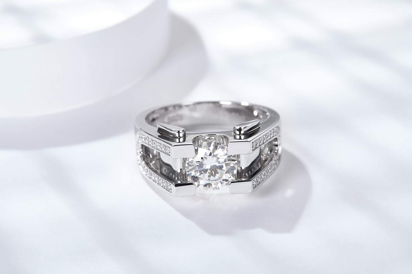 S925 Sterling Silver 1&2ct Moissanite Ring, D-VVS1 Geometric Double-Band Design, Platinum Plated, US Sizes 5-9, GRA Certificate Gift Box