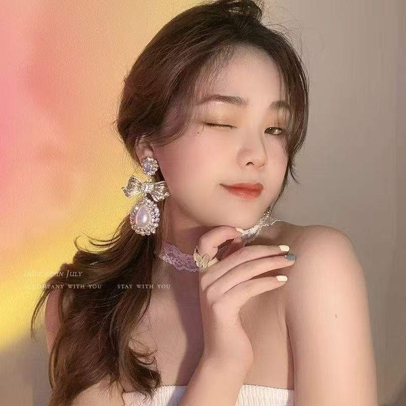 Korean Elegant Pearl Bow Drop Earrings For Women, Water Drop Vintage Palace Celebrity Style Light Luxury Fashion Stud Jewelry