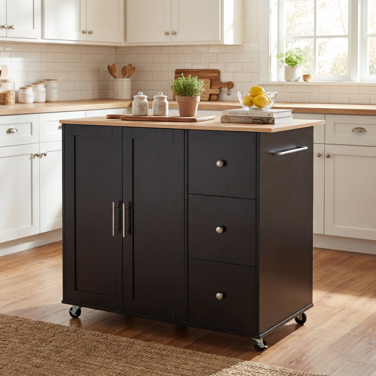 Mobile Kitchen Cart With Storage, 39.76   Rolling Kitchen Island With 2 Doors, 3 Drawers & Adjustable Shelf, Black Utility Cart For Kitchen Dining Room