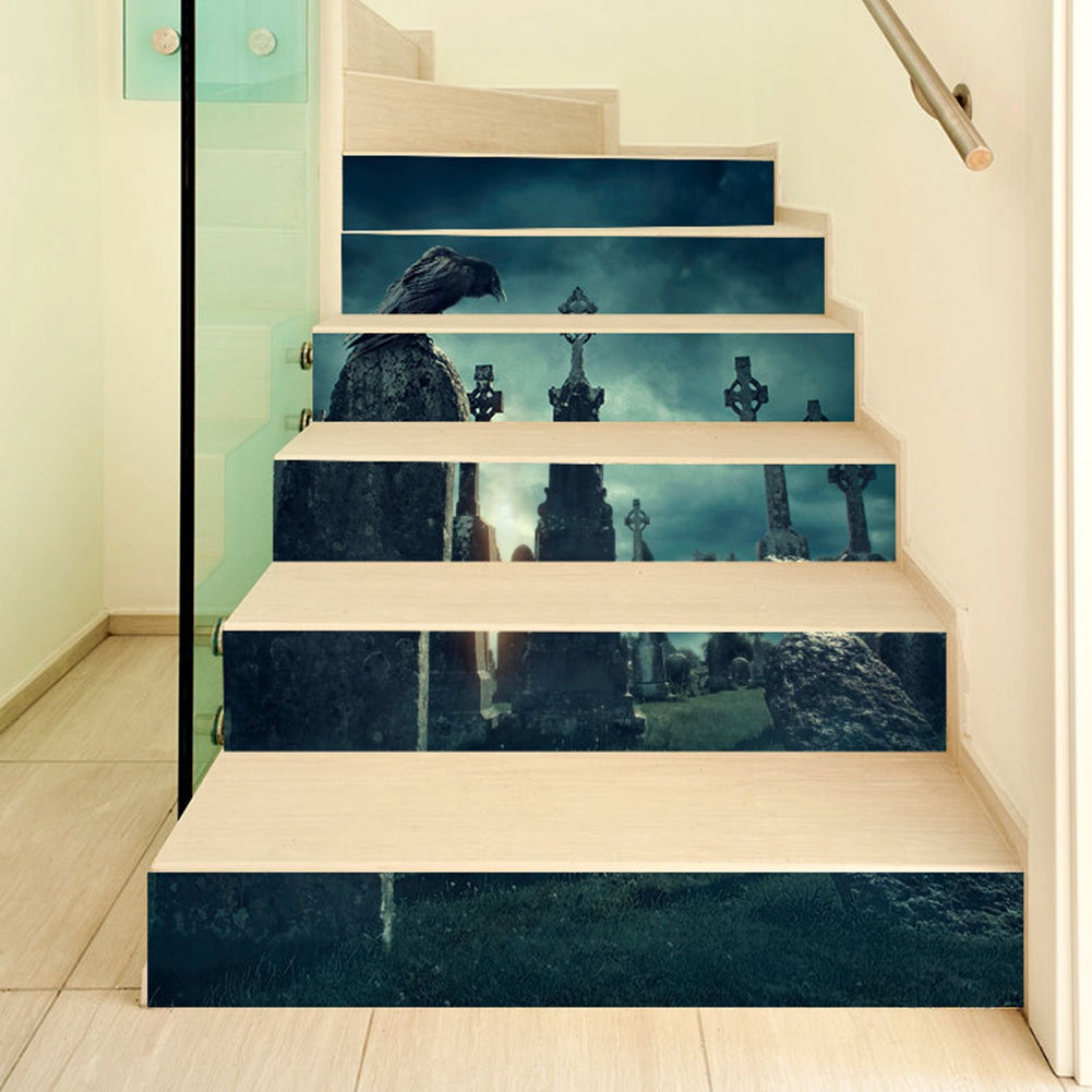 Halloween 3D Waterproof Stair Wall Crow Tombstone Stickers Home Party Decoration