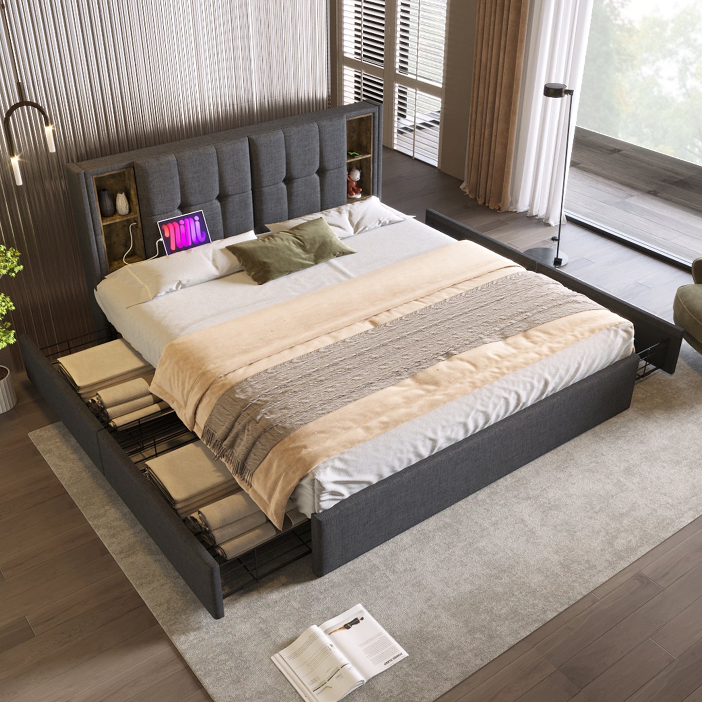 Double Bed With Wireless Charging USB C& 4 Drawers, Upholstered Bed Bed Frame 160x200cm, Slatted Base Made Of Wood-grey Linen  Without Mattress
