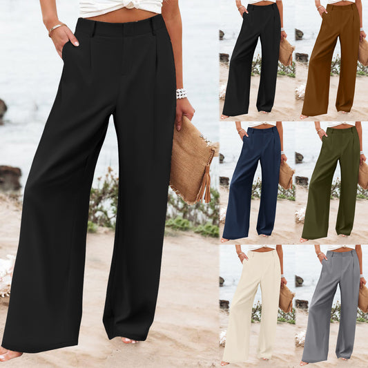 Womens Summer Fashion Loose Solid-color High-waisted Casual Pants Straight-leg Trousers