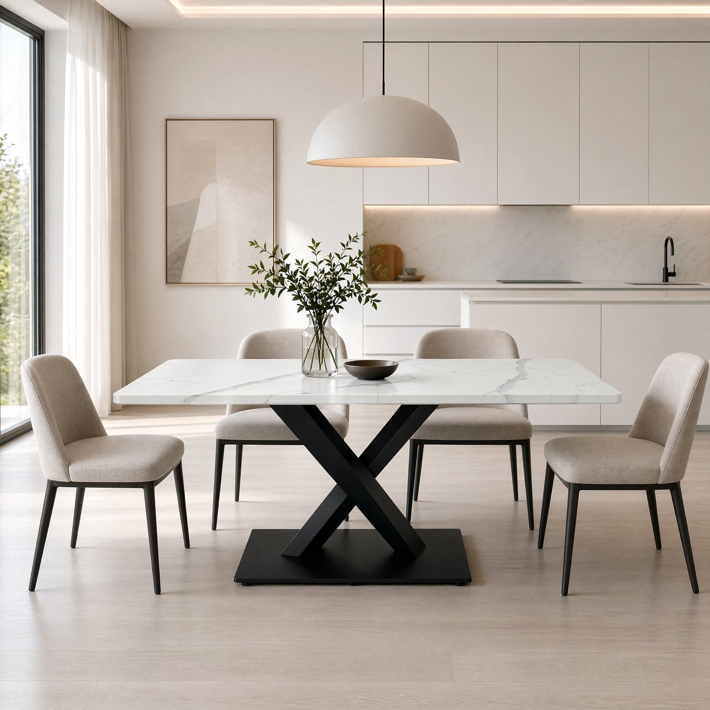 Modern Rectangular Dining Table For 6-8,Large White Kitchen Table With MDF Desk And Black Metal Base,White Marble Patterned Wooden Table,X-Shape Support Dining Table For Home Office Living