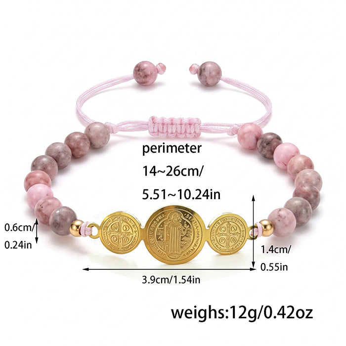 St. Benedict Medal Protection Bracelet - 18K Gold Plated Stainless Steel Natural Tiger's Eye Rhodonite Stone Beads - Adjustable Religious Gift For Men Women