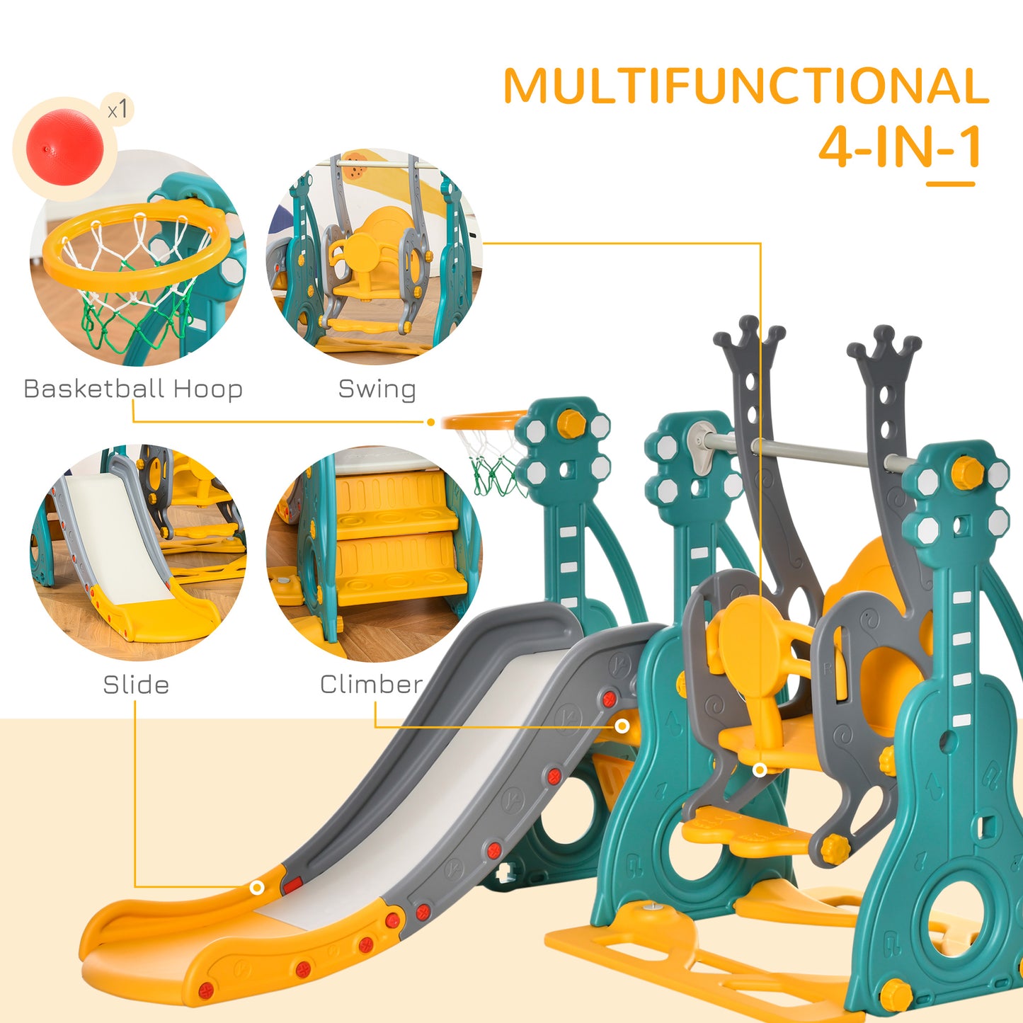 3-IN-1 Kids Swing And Slide Set With Basketball Hoop Slide Swing Adjustable Seat Height Toddler Playground Activity Center Indoor And Outdoor Play Equipment