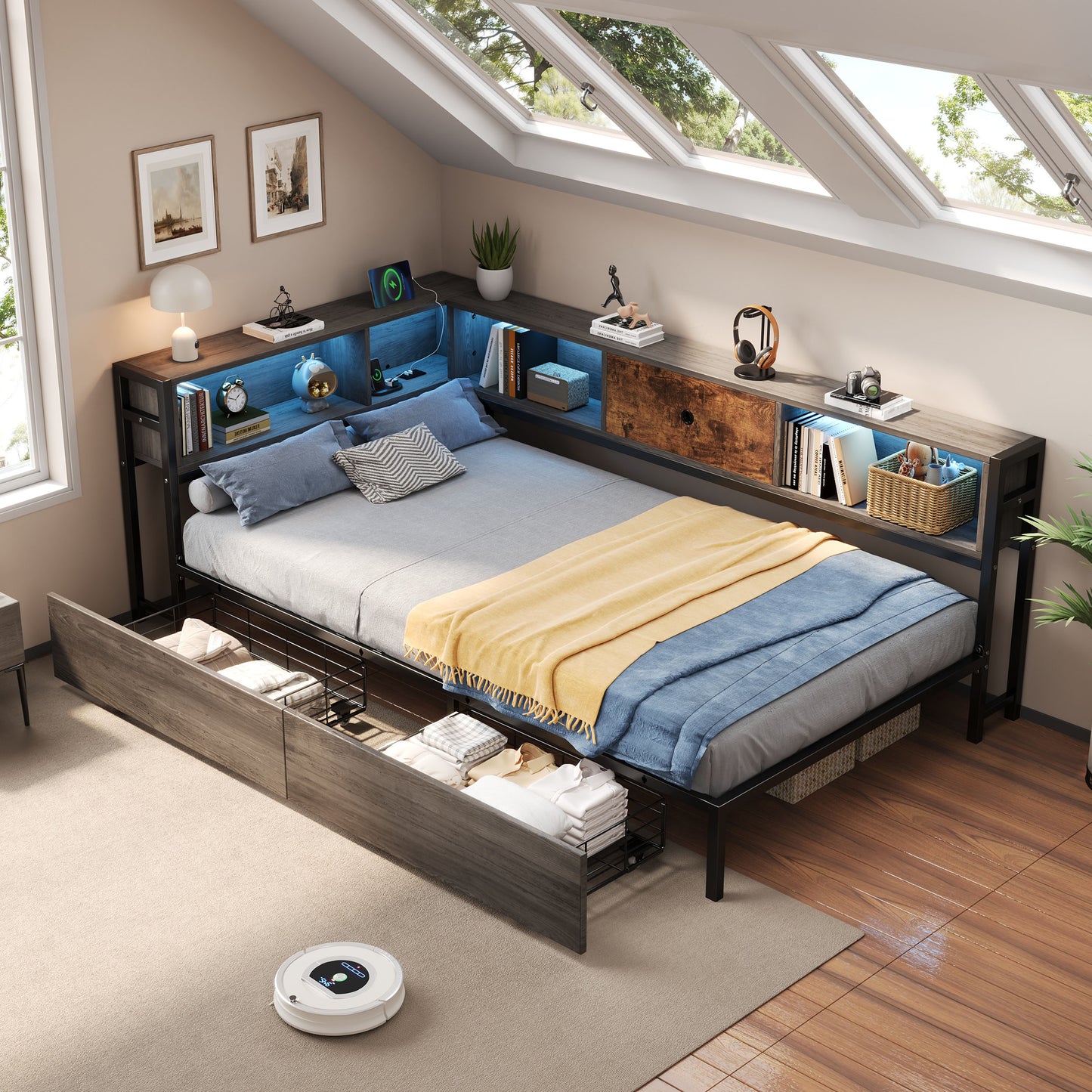 3ft Single Metal And Wood Bed With RGB LED Lights & Charging Station USB & Type-C, Built-in Shelves And Bedside Storage, Two Storage Drawers, Two Assembly Methods, Grey, Rustic Brown No Mattress