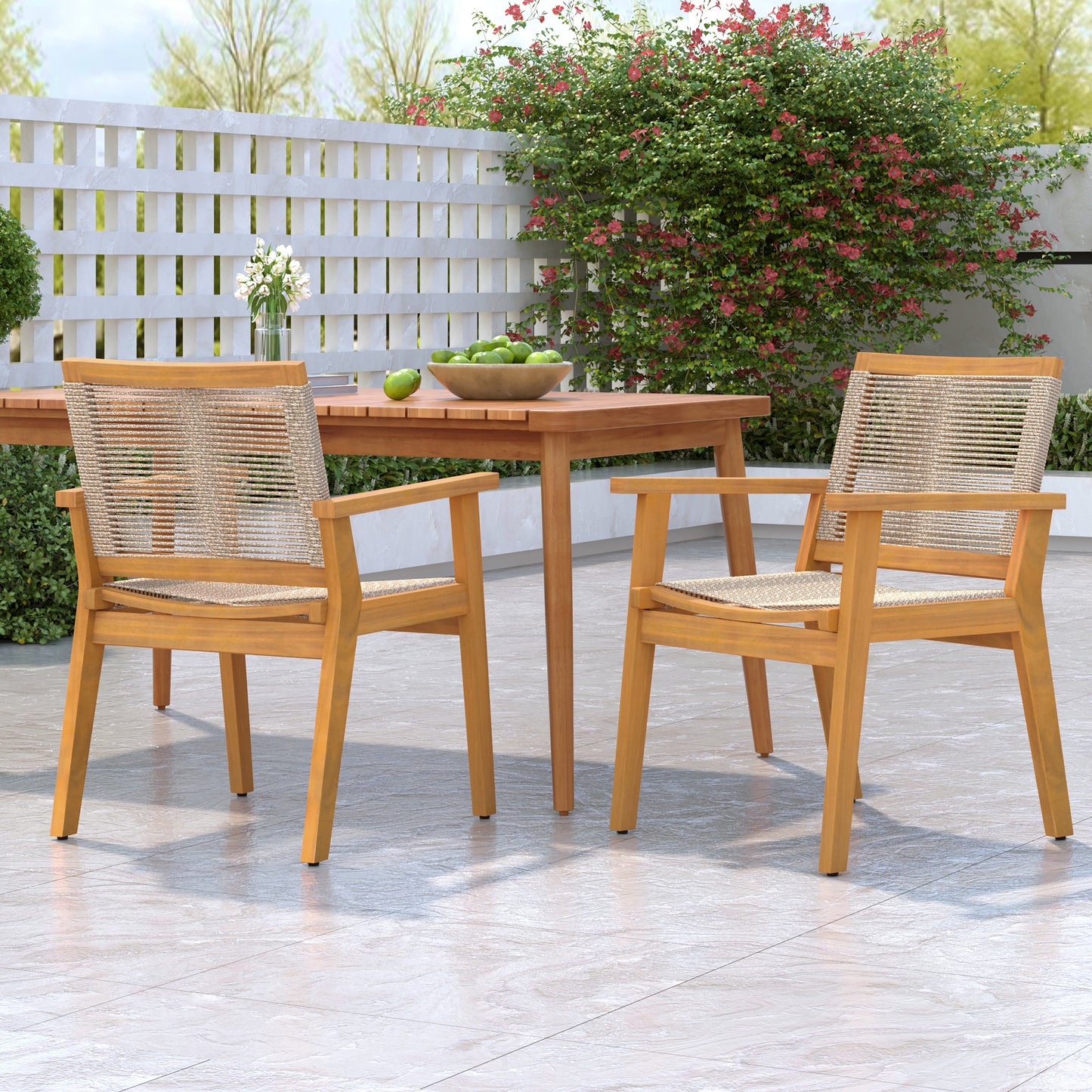 Outdoor Dining Chairs Set Of 2, Teak Finish Wood Frame And Mix Brown Rope, Natural Courtyard Style, 400lbs Capacity