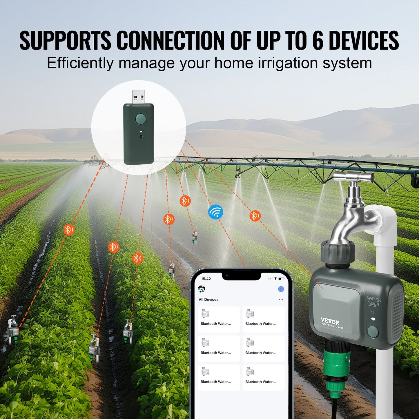 VEVOR WiFi Sprinkler Timer, Single Outlet, Smart Hose Faucet Water Timer With Brass Inlet, APP Control Via 2.4Ghz WiFi Or Bluetooth, Voice Control With Alexa Google Assistant, IPX6 For Yard Watering