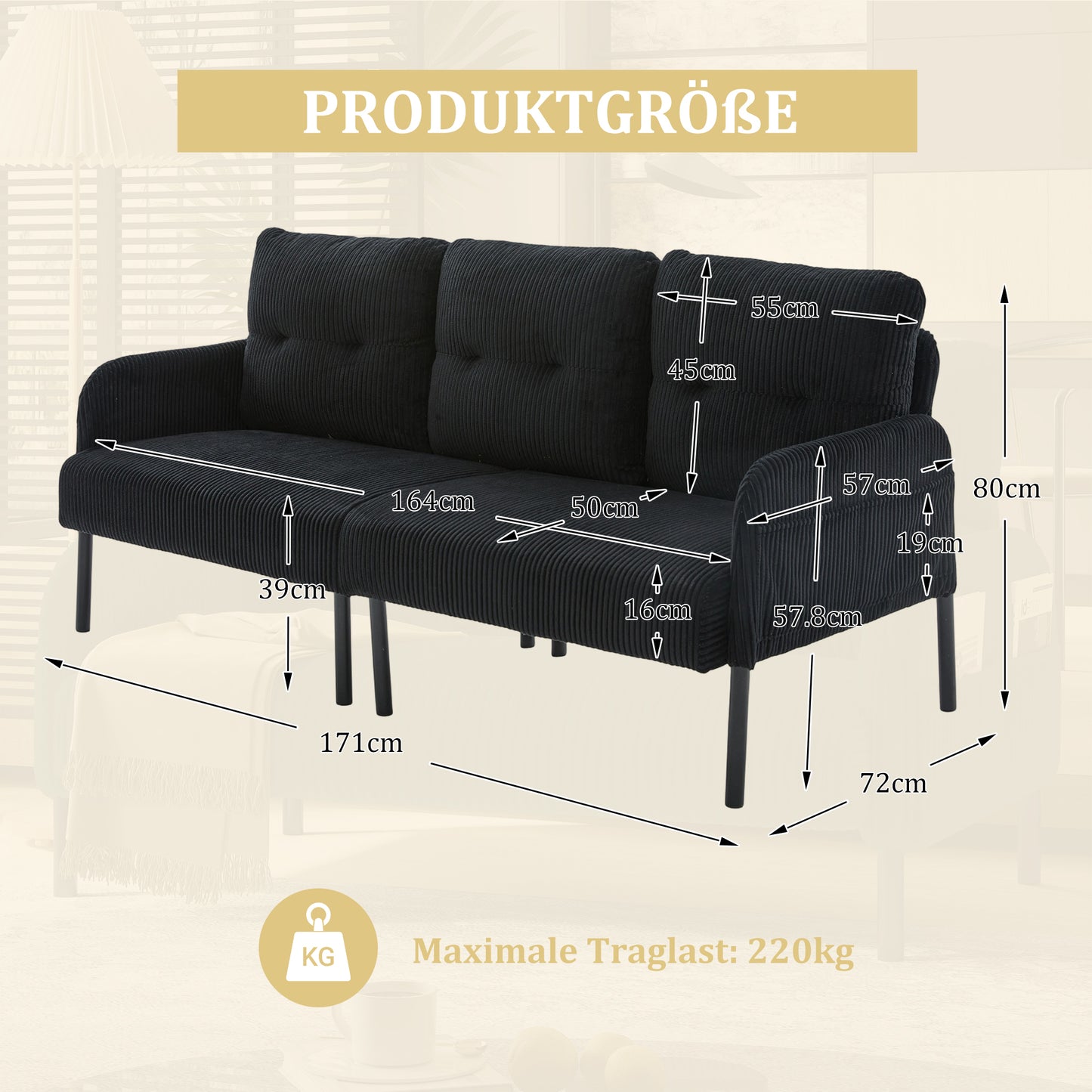 Corduroy Three-seater With Soft Comfort Upholstery, High Backrest And Practical Side Pockets. Sturdy Metal Feet And Sturdy Construction. Versatile For Living Room, Bedroom Or Home Office.
