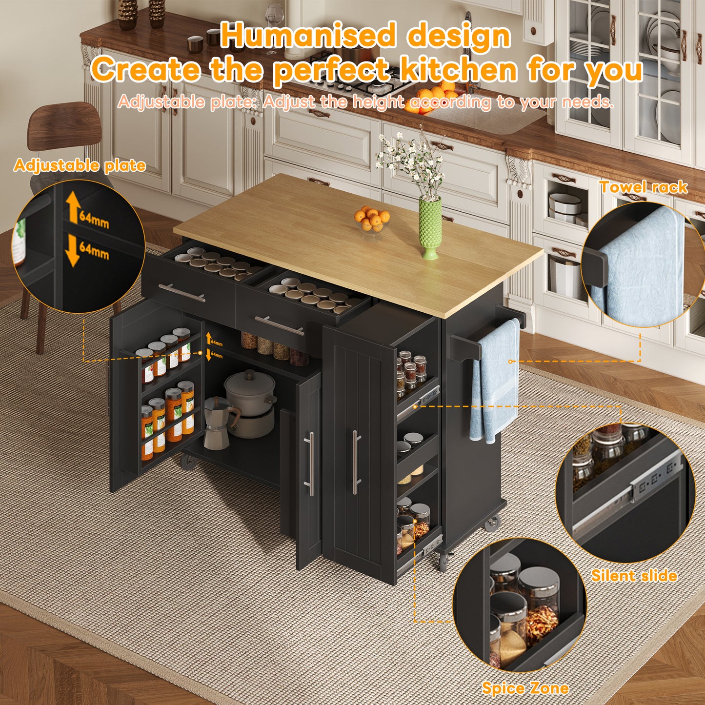 Kitchen Island With Drop Leaf, Storage Trolley With 3-tier Pull-out Cabinet Organizer, Internal Storage Rack, Rolling Cart With Towel Holder & 2 Drawers For Dining Room, Black