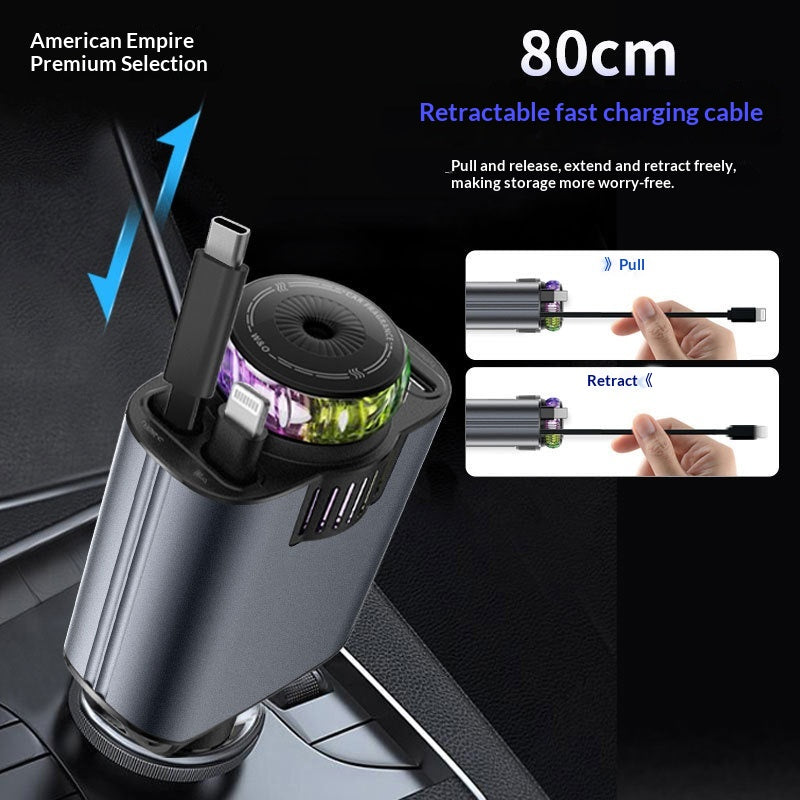 Car Charger PD Fast Charging Retractable Cable Quick Charge Cigarette Lighter