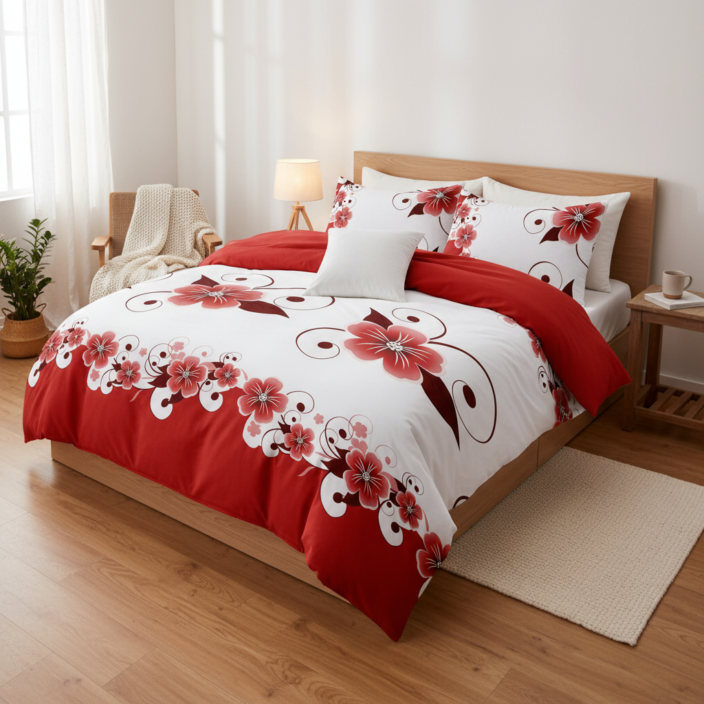 5 Piece Duvet Cover Set, Red And White Floral Bedding, Botanical Comforter Cover, Reversible High Gsm Bed Linen, Matching Pillow Shams, Throw Pillow Cases, Hidden Zipper Closure, 4 Corner Ties, Pet Fr