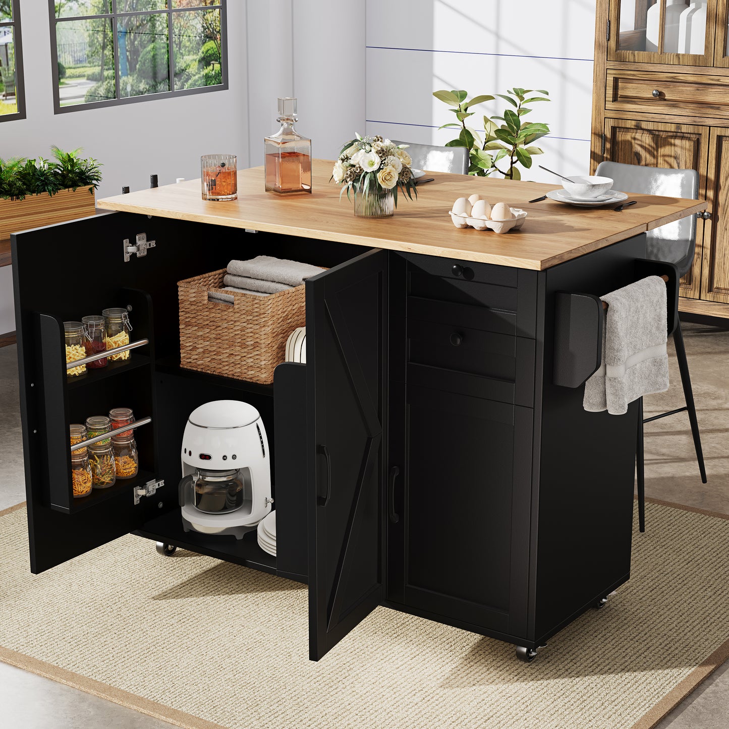 Modern Kitchen Island, Kitchen Cabinet, Sideboard, Food Trolley With Wood Grain, Buffet Cabinet, Multifunctional Dining Table With Storage Space, Food Trolley With Snack Shelves, Black