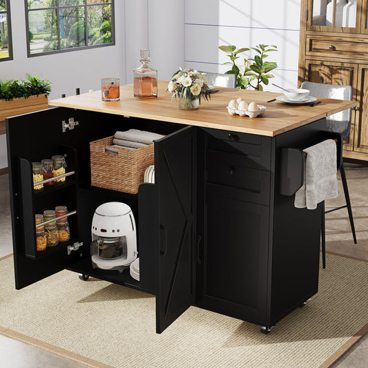 Modern Kitchen Island, Kitchen Cabinet, Sideboard, Food Trolley With Wood Grain, Buffet Cabinet, Multifunctional Dining Table With Storage Space, Food Trolley With Snack Shelves, Black