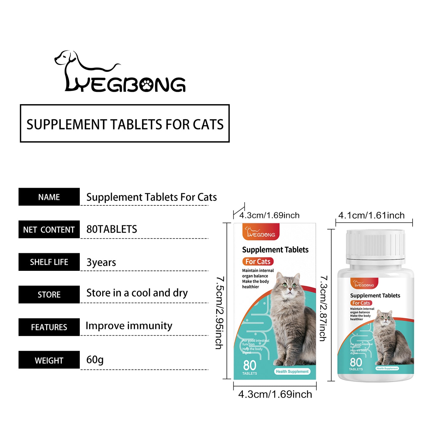Cat Probiotic Supplement Tablets, Gut & Digestive Health Support With Vitamin B2 & Selenium, Immune, Skin & Vision Care, 80 Tablets