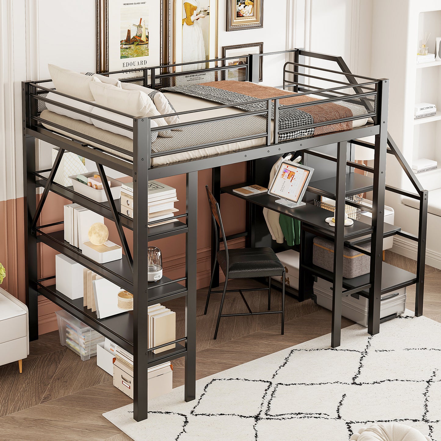 Loft Bed 140X200cm, Three-layer Storage Shelf, Desk, Wardrobe, Security Steps With Storage Compartment, High Fence Design, Iron Bed, Single Bed, Black
