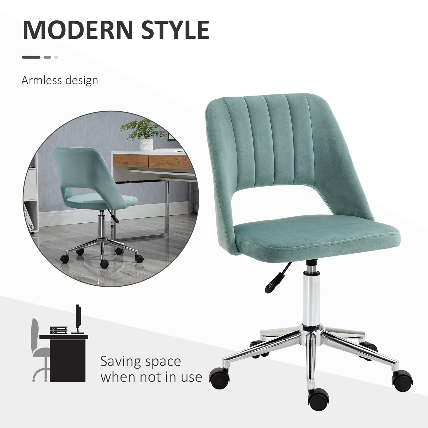 Vinsetto Mid Back Office Chair Velvet Fabric Swivel Scallop Shape Computer Desk Chair For Home Study Bedroom Green