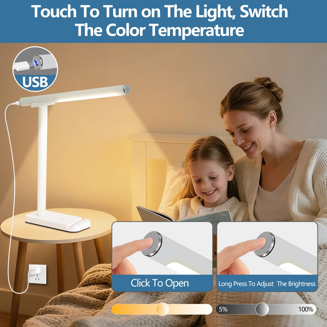 LED Desk Lamp 360 Adjustable, USB Charging Port, 5 Light Modes & Dimmable Brightness, Bedside Lamp For Reading, Craft, Work, Study White
