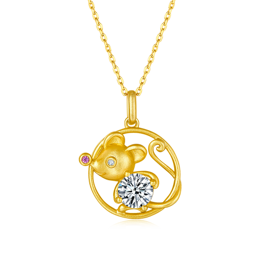 S925 Silver Gold Plated 1ct D Color VVS1 Moissanite Rat Necklace 4.5g Chinese Zodiac Benmingnian Gift GRA Certified Gift Box