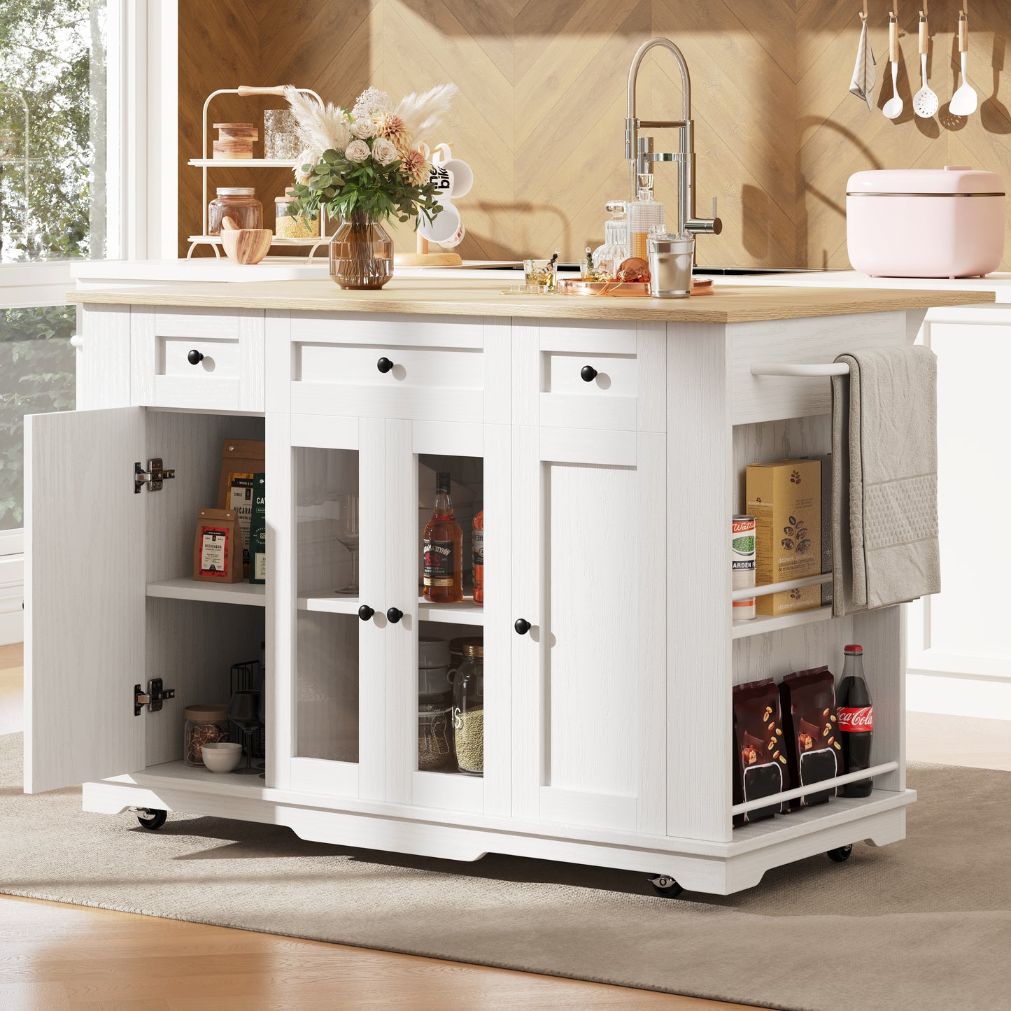 Kitchen Island,  151.5x60x91.7cm Removable Partitions, Kitchen Cabinet, Dining Trolley With Worktop, Sideboard, Dining Trolley With Wood Grain Finish, Sideboard, Tempered Glass Cabinet, White Black