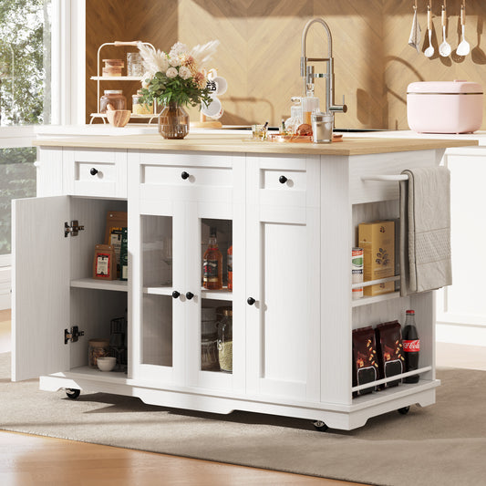 Kitchen Island,  151.5x60x91.7cm Removable Partitions, Kitchen Cabinet, Dining Trolley With Worktop, Sideboard, Dining Trolley With Wood Grain Finish, Sideboard, Tempered Glass Cabinet, White Black