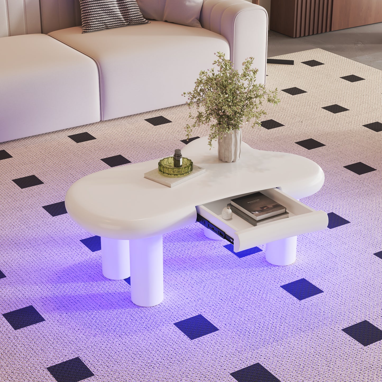 White Cloud-Shaped MDF Coffee Table With 16-Colour LED Lighting & Drawer  Modern Living Room Table, With Storage