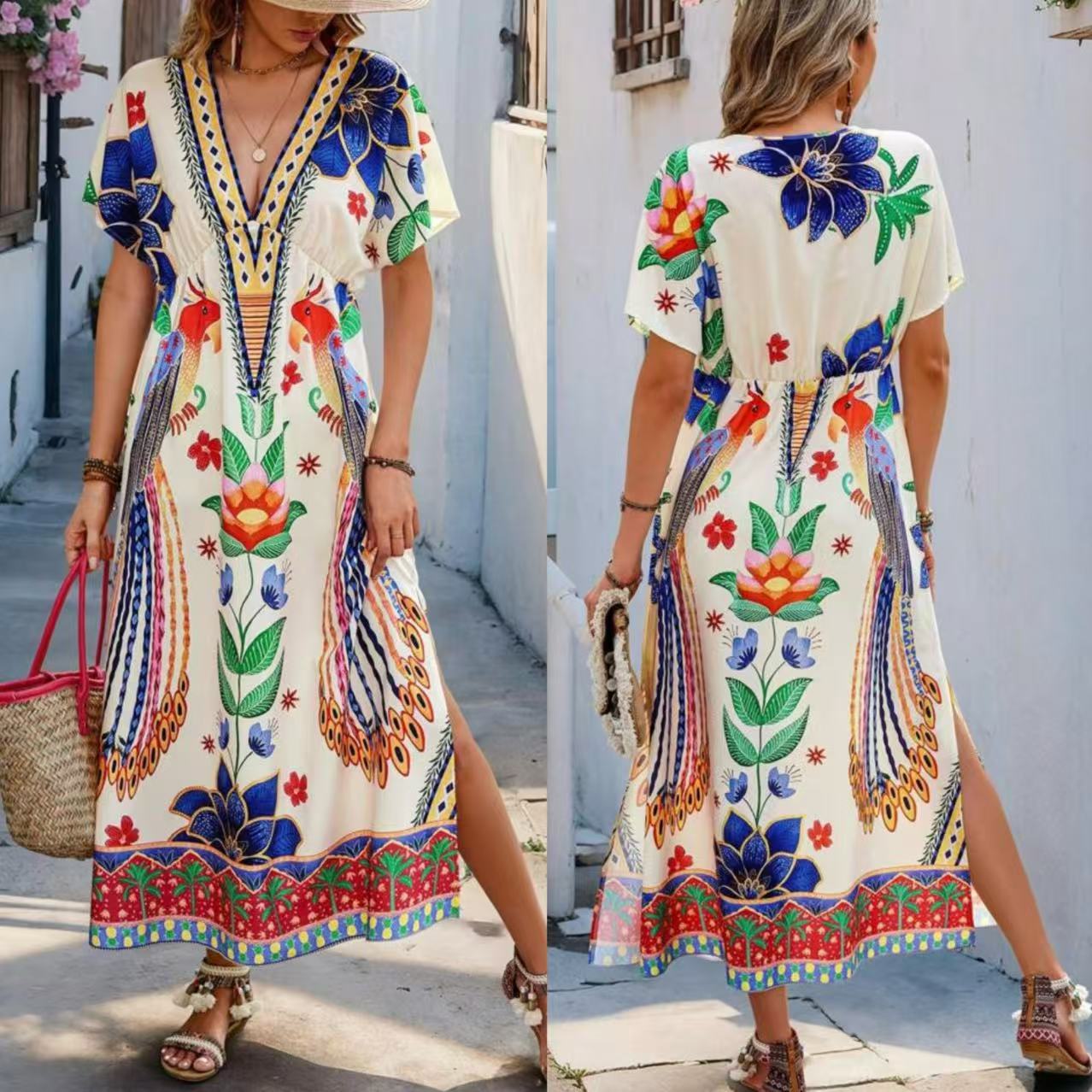 New Seasonal V-neck Printed Fashionable Loose-fit Short-sleeve Maxi Dress