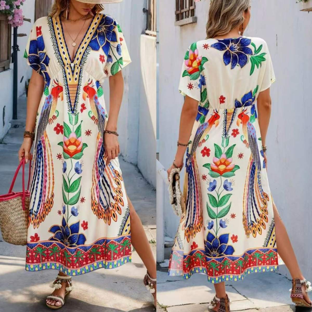 New Seasonal V-neck Printed Fashionable Loose-fit Short-sleeve Maxi Dress