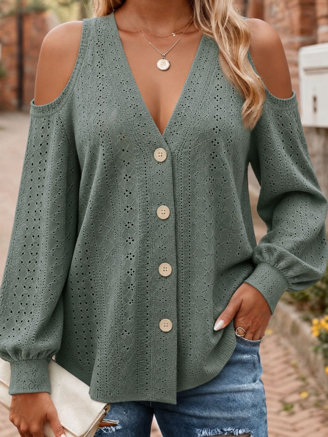 Womens Fashion Hollow-out V-neck Button-up Cardigan Long-sleeve Top