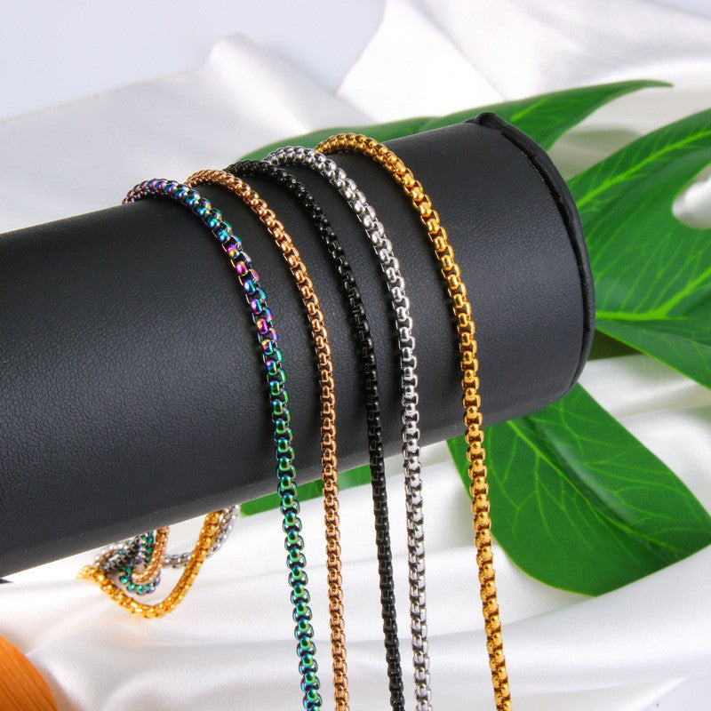 European And American Mens Fashion Stainless Steel Square Pearl Chain Titanium Steel Necklace