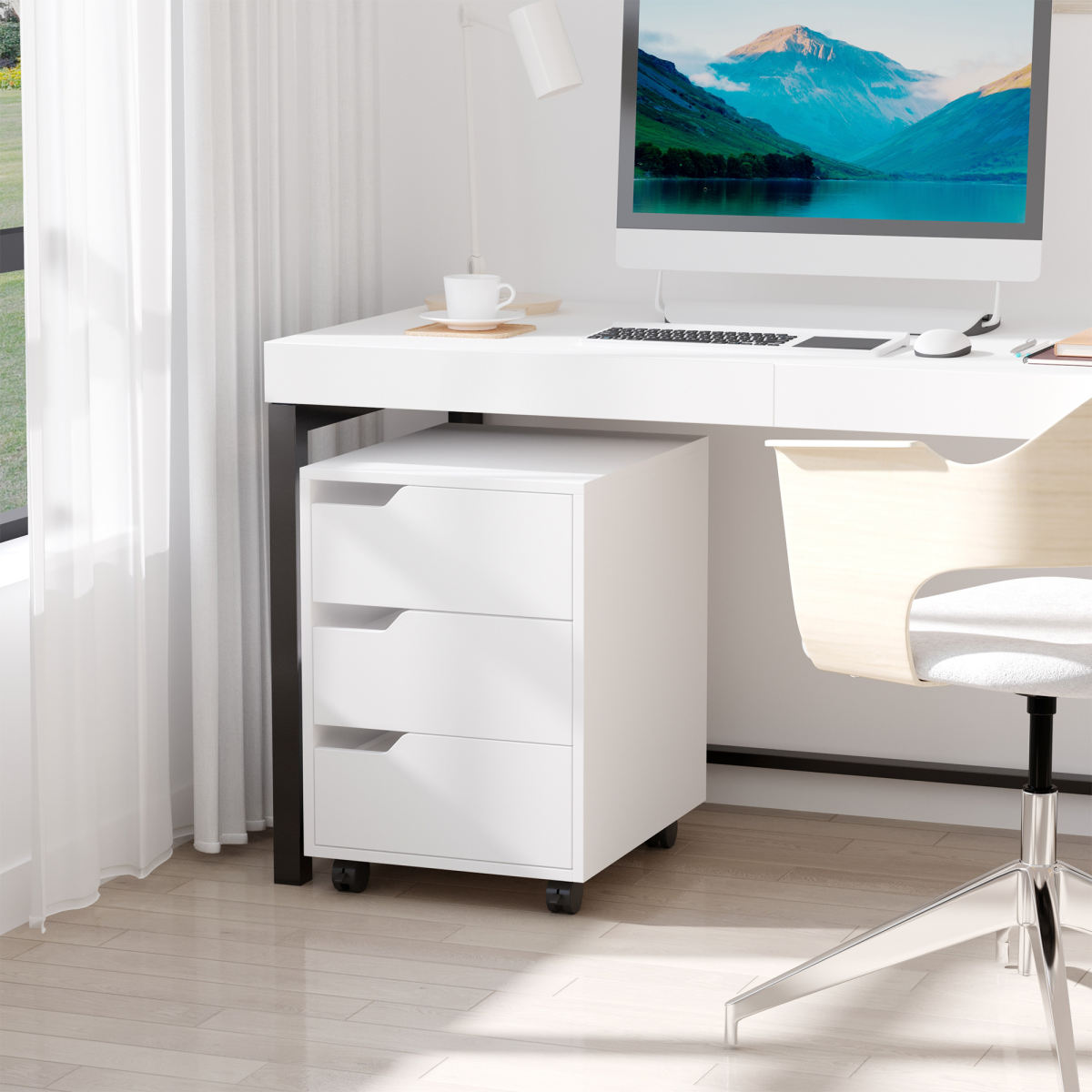 3 Drawer Mobile File Cabinet, Vertical Filing Cabinet With Wheels For Home Office, White