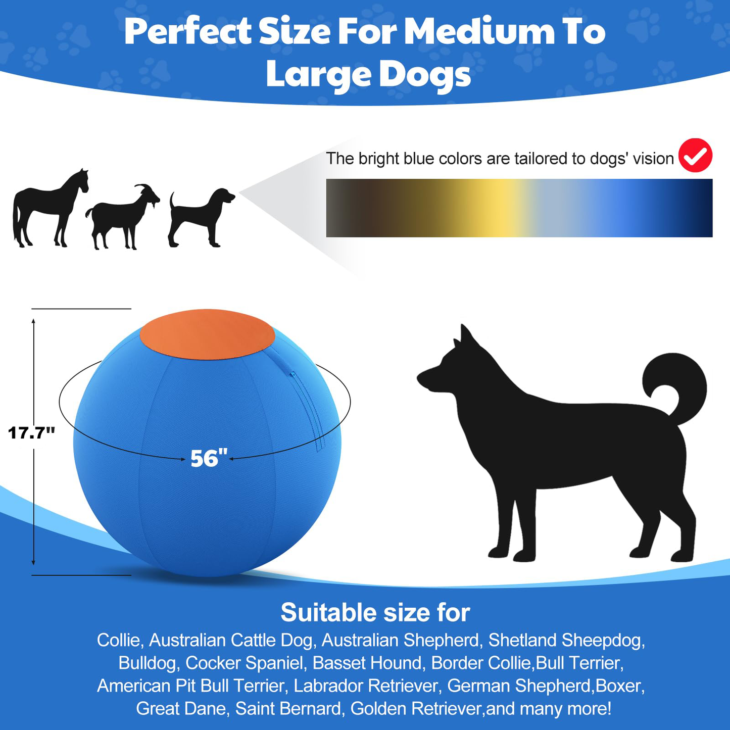 17.7'' Herding Ball For Dogs - Enhanced Chew Resistance & Heavy-Duty Material, Dog Toy Agility Equipment For Australian Shepherds,Collies, Includes 5 Repair Patches