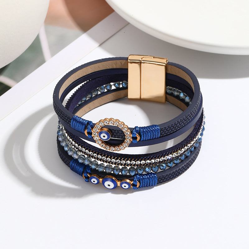 New Cross-border Bohemian Bracelet Hand-woven PU Leather Bracelet Alloy Magnetic Buckle Women's Bracelet