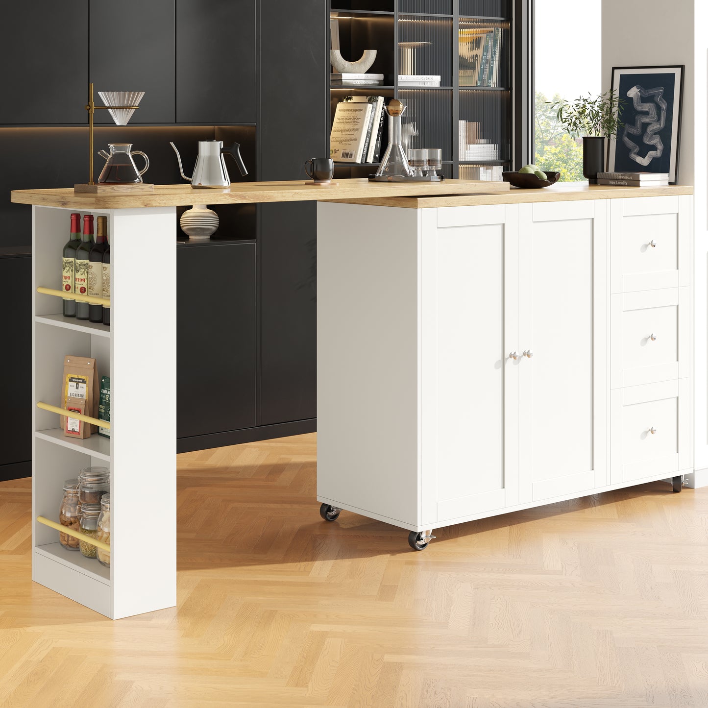 360 Swivel Bar Table  135-203 X 39 X 106cm On Wheels, White, With Three Drawers. Comes With Snack Holder. Multifunctional Storage Island, Suitable For Kitchen And Living Room.