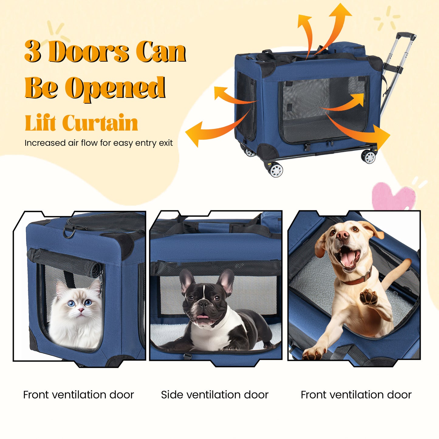 2 In 1, 28   Collapsible Travel Dog Crate For Medium Large Dogs, Rolling Pet Carrier With Wheels, 3-Door Portable Folding Pet Kennel With Mesh Windows, Indoor Outdoor Travel Use, Dark Blue