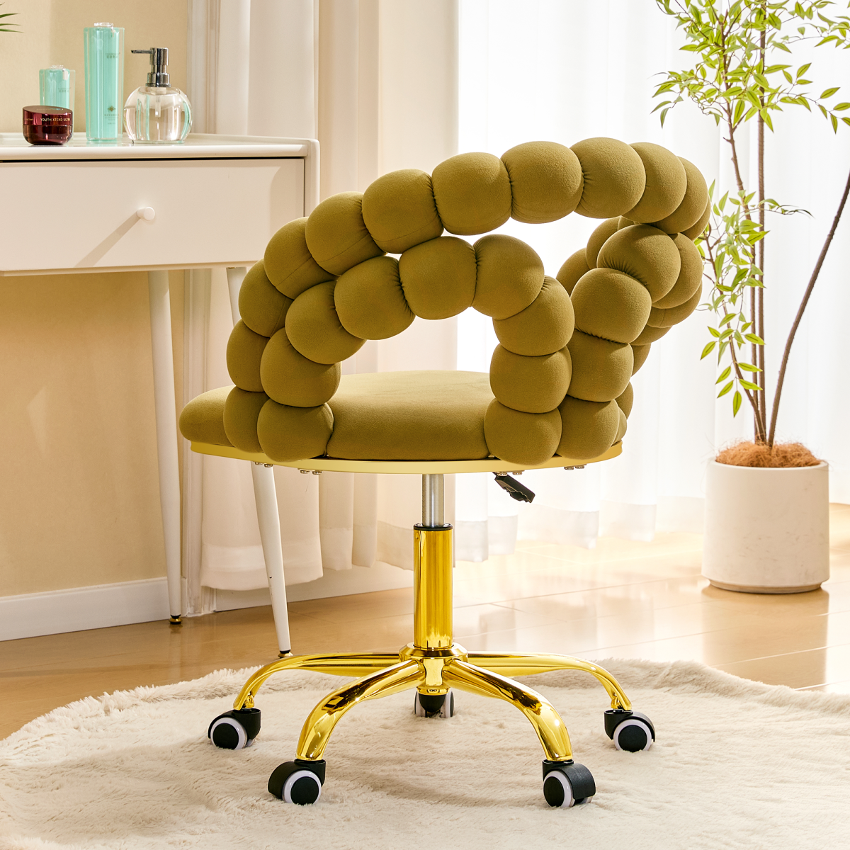 Modern Velvet Adjustable Swivel Desk Chair With Bubble Back, Upholstered Vanity Chair With Gold Metal Base, Rolling Office Chair For Home Office, Bedroom, Makeup Room, Mustard Yellow  Set Of 1