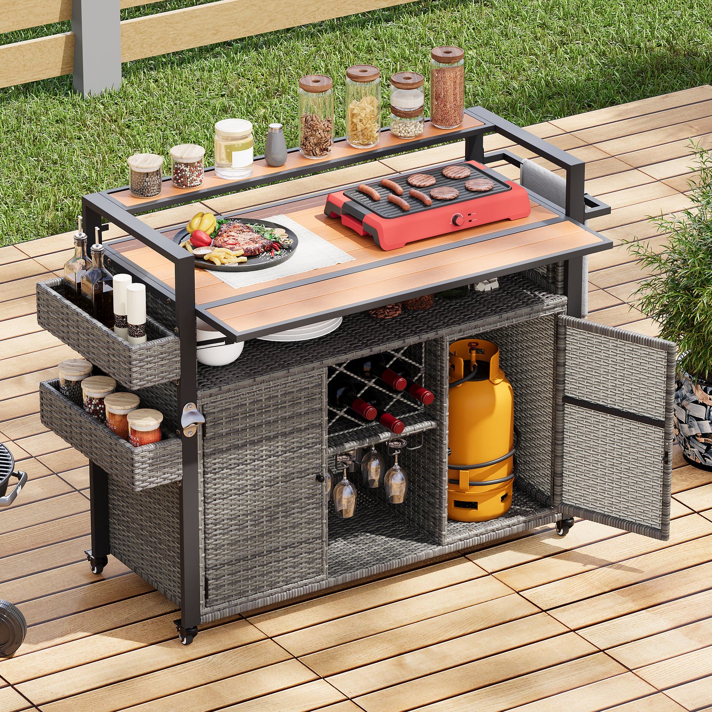 K&K 52.8 W Wicker Outdoor Grill Cart With Extended Plastic Wood Table Top, Rolling Kitchen Island On Wheels With Storage Cabinet, For Patio Backyard Garden Poolside, Double Handle Design, Grey