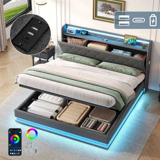 4ft6 Double Upholstered Bed Frame With Hydraulic Storage,  LED Button Tufted Headboard With Charging Station And Concealed Headboard Storage, USB And Type - C Ports, Linen, Grey  No Mattress