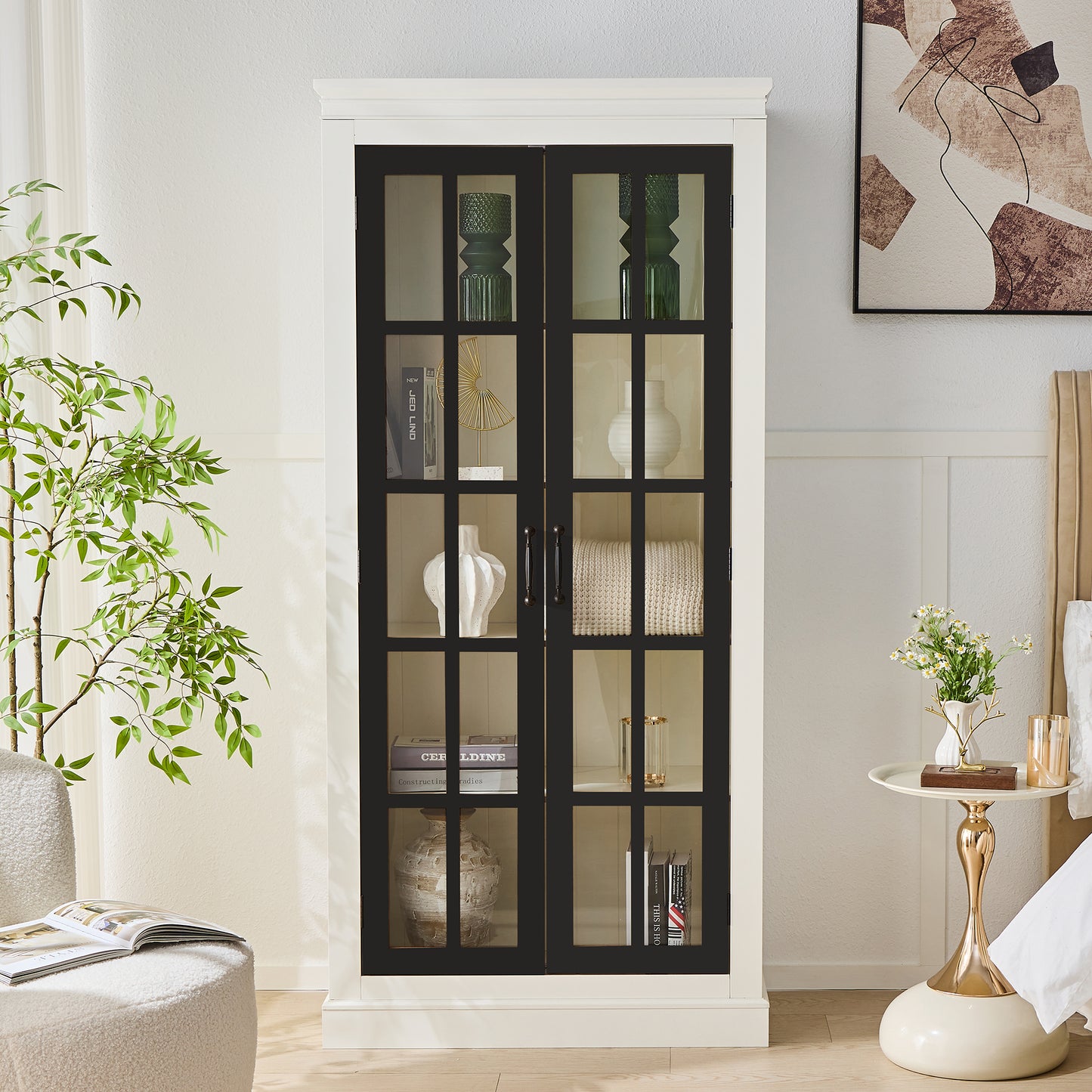71.2  Freestanding Glass Door Pantry, Farmhouse Style Display Cabinets, Curio Cabinet With Lattice Window For Hallways, Livingroom Kitchen & Office, White & Balck